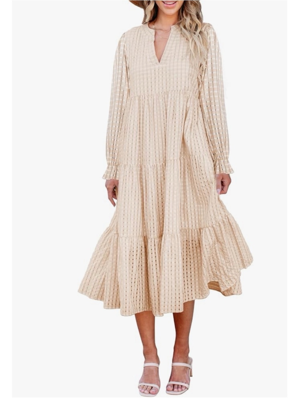Tiered V-Neck Midi Dress in Cream • Small
